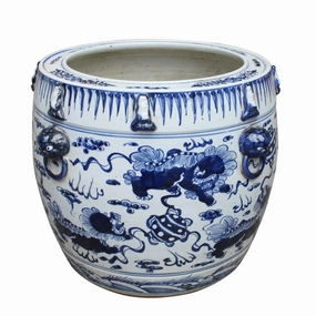 Blue and White Lion Drum Shaped Porcelain Planter plant seeds  