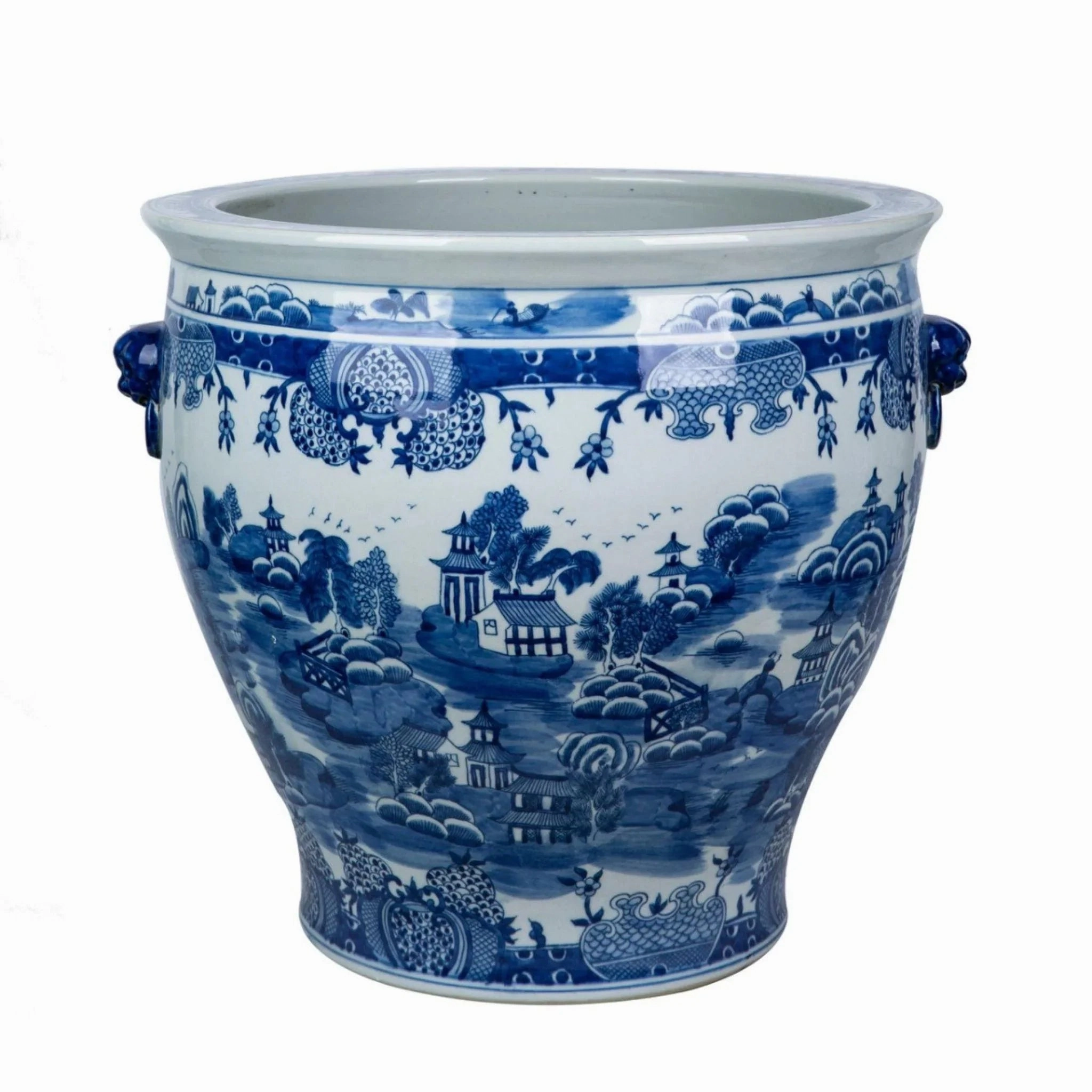 Blue and White Mountain Pagoda Porcelain Planter with Lion Handle