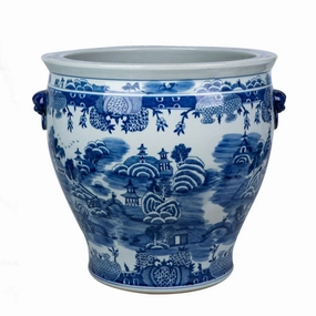 Blue and White Mountain Pagoda Porcelain Planter with Lion Handle plant seeds  