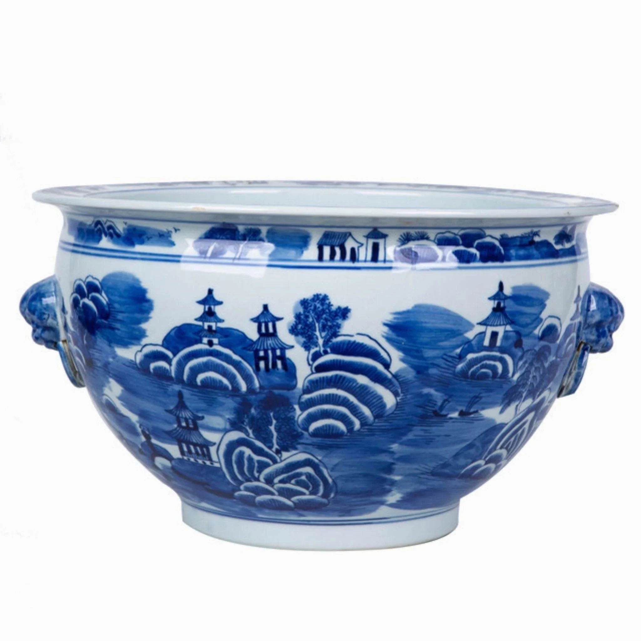 Blue and White Mountain Pagoda Porcelain Planter with Lion Head Handle