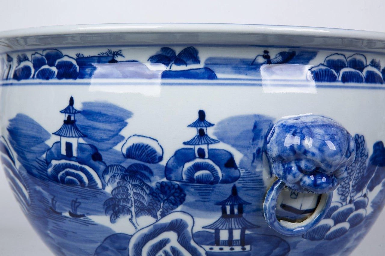 Blue and White Mountain Pagoda Porcelain Planter with Lion Head Handle