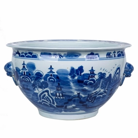 Blue and White Mountain Pagoda Porcelain Planter with Lion Head Handle plant seeds  