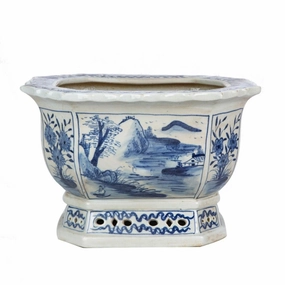 Blue and White Mountain Village Porcelain Foot Bath Planter plant seeds  