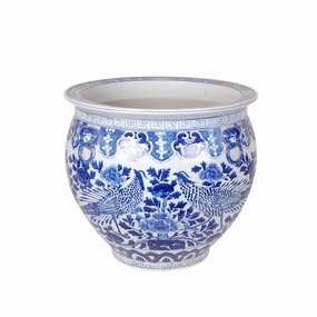 Blue and White Porcelain Bird and Flower Fish Bowl Planter plant seeds  