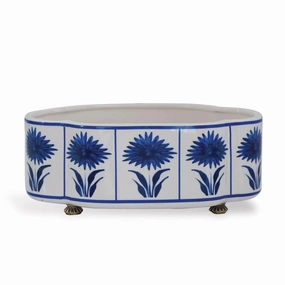 Blue and White Scallop Planter with Aster Pattern and Brass Feet plant seeds  
