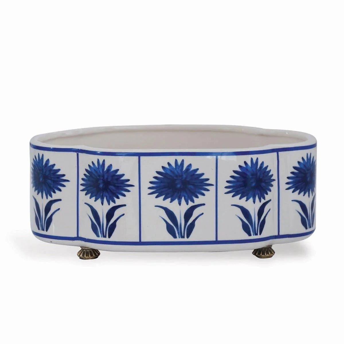 Blue and White Scallop Planter with Aster Pattern and Brass Feet plant seeds  