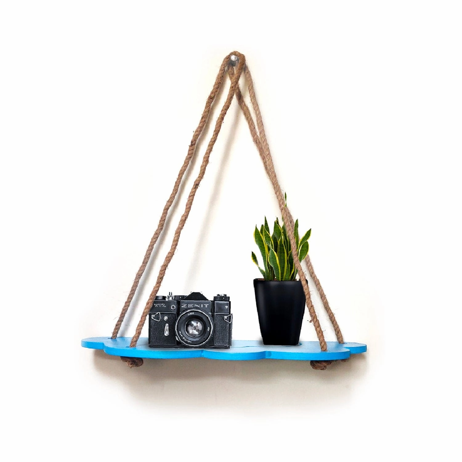 Blue Cloud Design Wall Shelf Wood Floating Shelves With Rope cactus succulent plant  