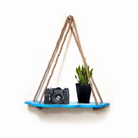 Blue Cloud Design Wall Shelf Wood Floating Shelves With Rope cactus succulent plant  