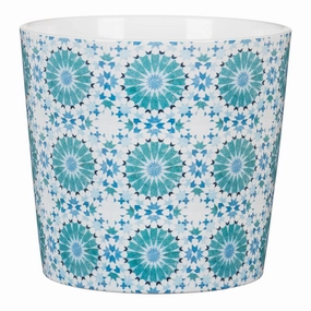 Blue Floral Indoor Ceramic Cover Pot Almeria (870) tall green plant  