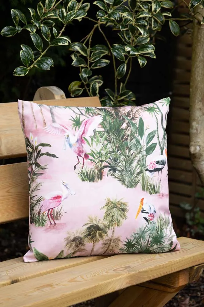 Blush Pink Palms & Tropical Birds Outdoor Cushion