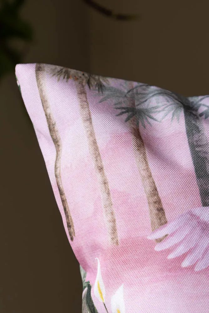 Blush Pink Palms & Tropical Birds Outdoor Cushion