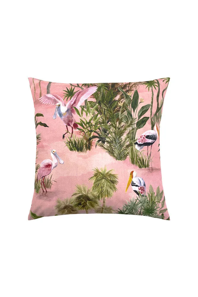 Blush Pink Palms & Tropical Birds Outdoor Cushion