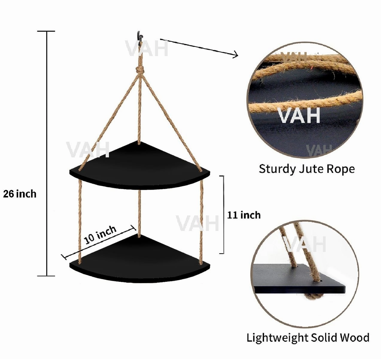 Bohemian Wood Circle Black Wall Mounting Shelves With Rope
