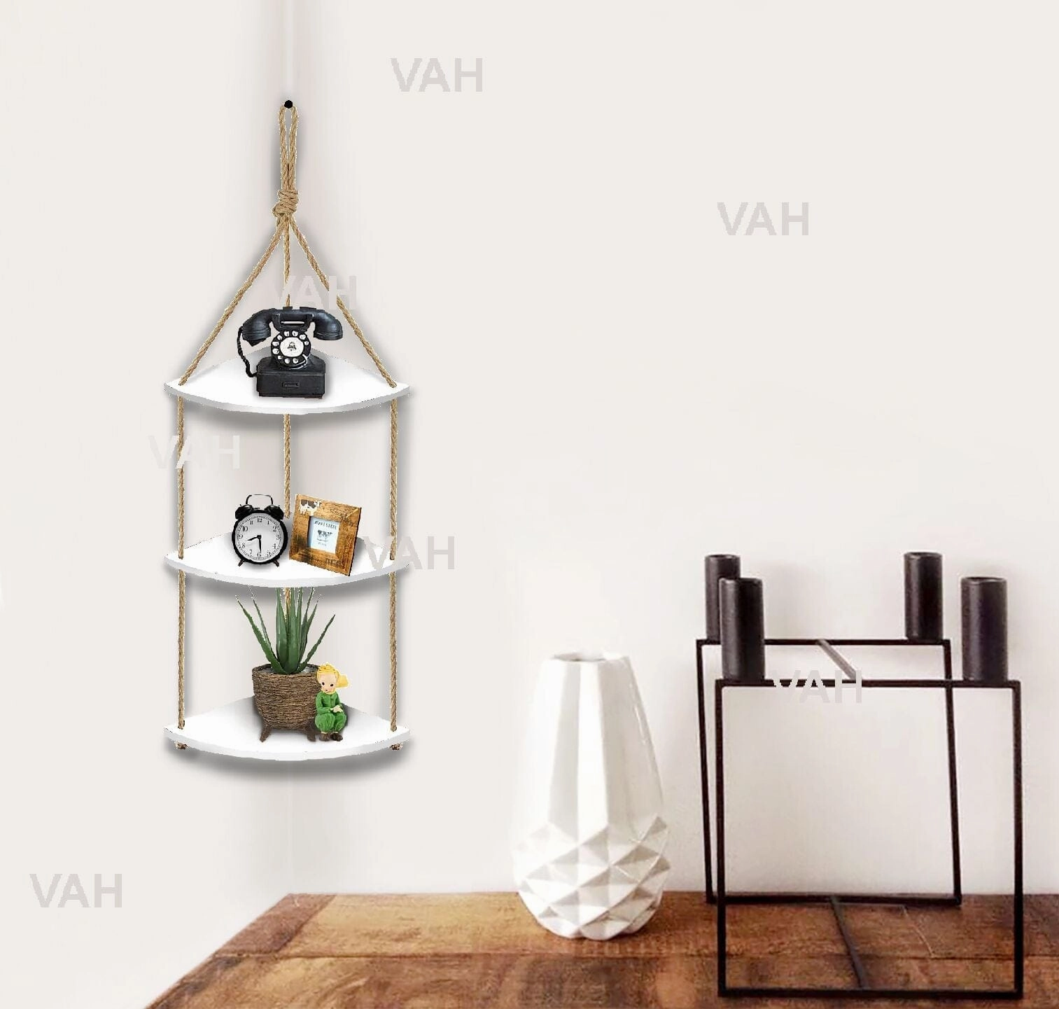 Bohemian Wood Circle White Wall Mounting Shelves With Rope