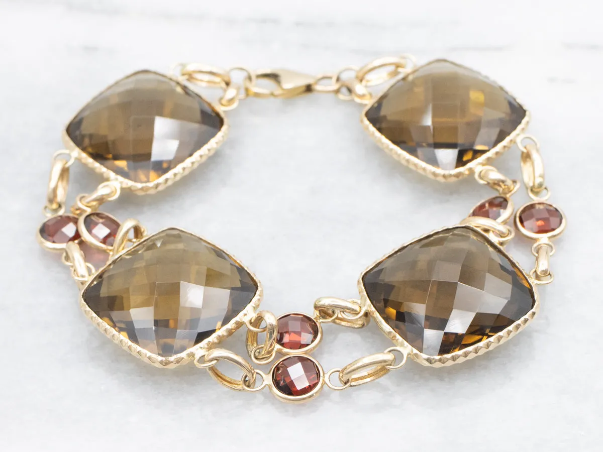 Bold Smoky Quartz and Garnet Gemstone Link Bracelet