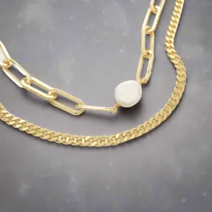 Brass YGP Baroque Pearl With Paperclip, Half Curb Chain Necklace