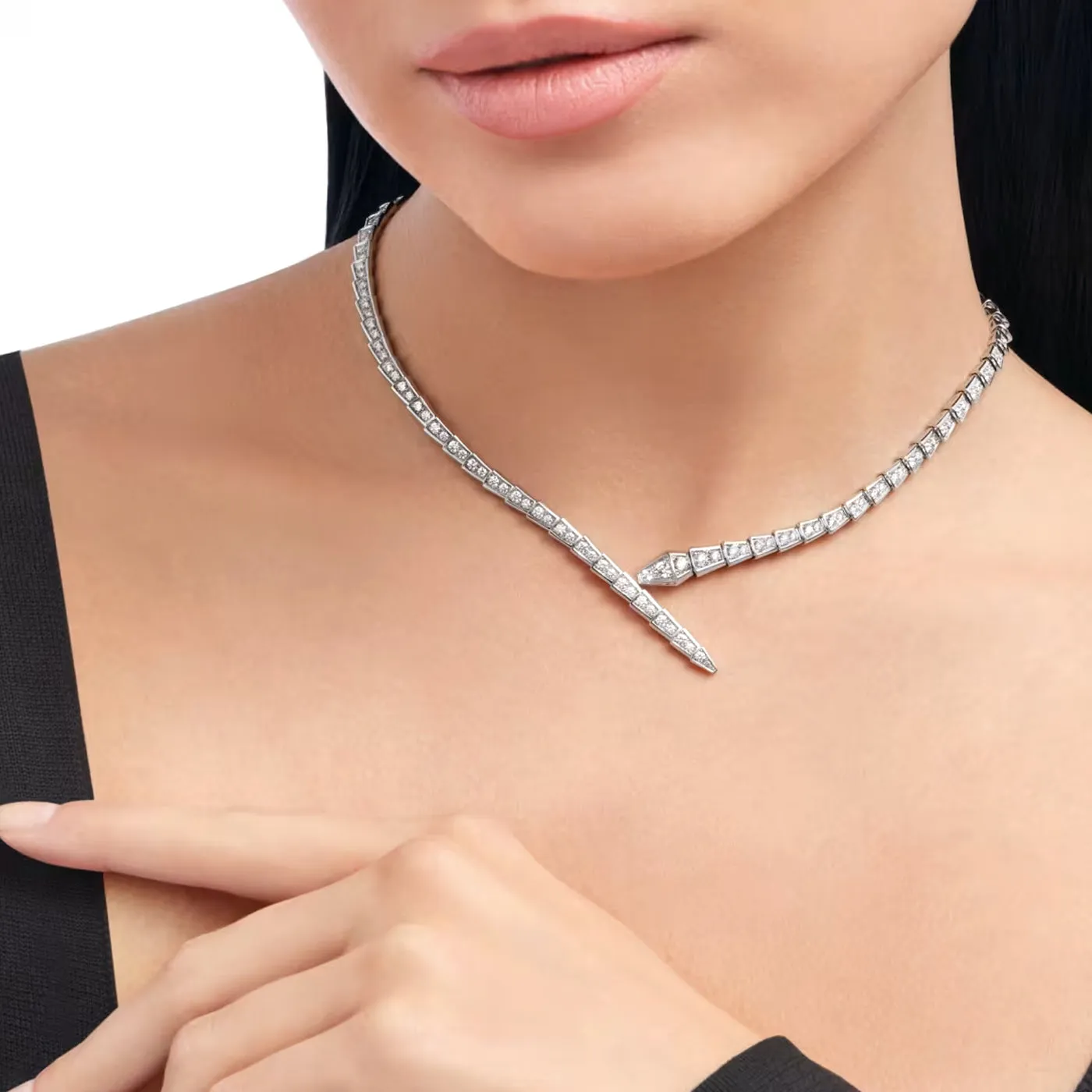 Bulgari Serpenti Viper Full Pave Diamonds Necklace 18k White Gold