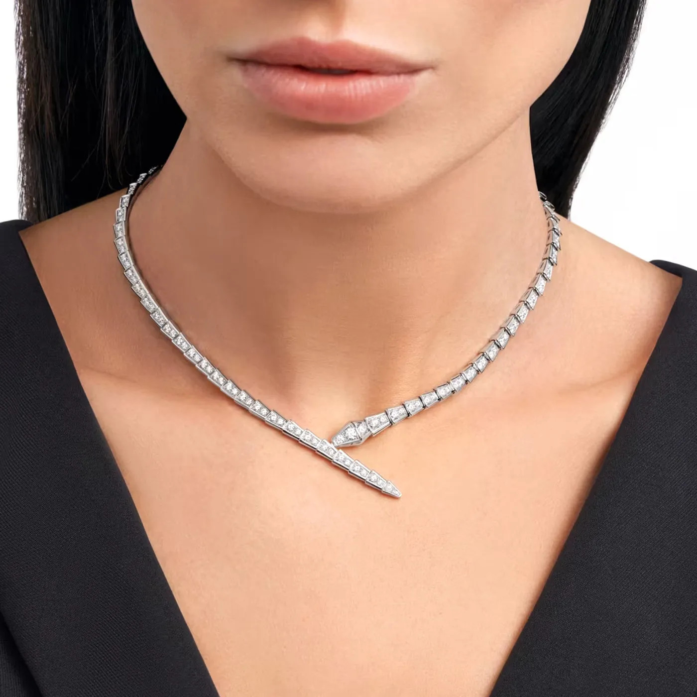 Bulgari Serpenti Viper Full Pave Diamonds Necklace 18k White Gold