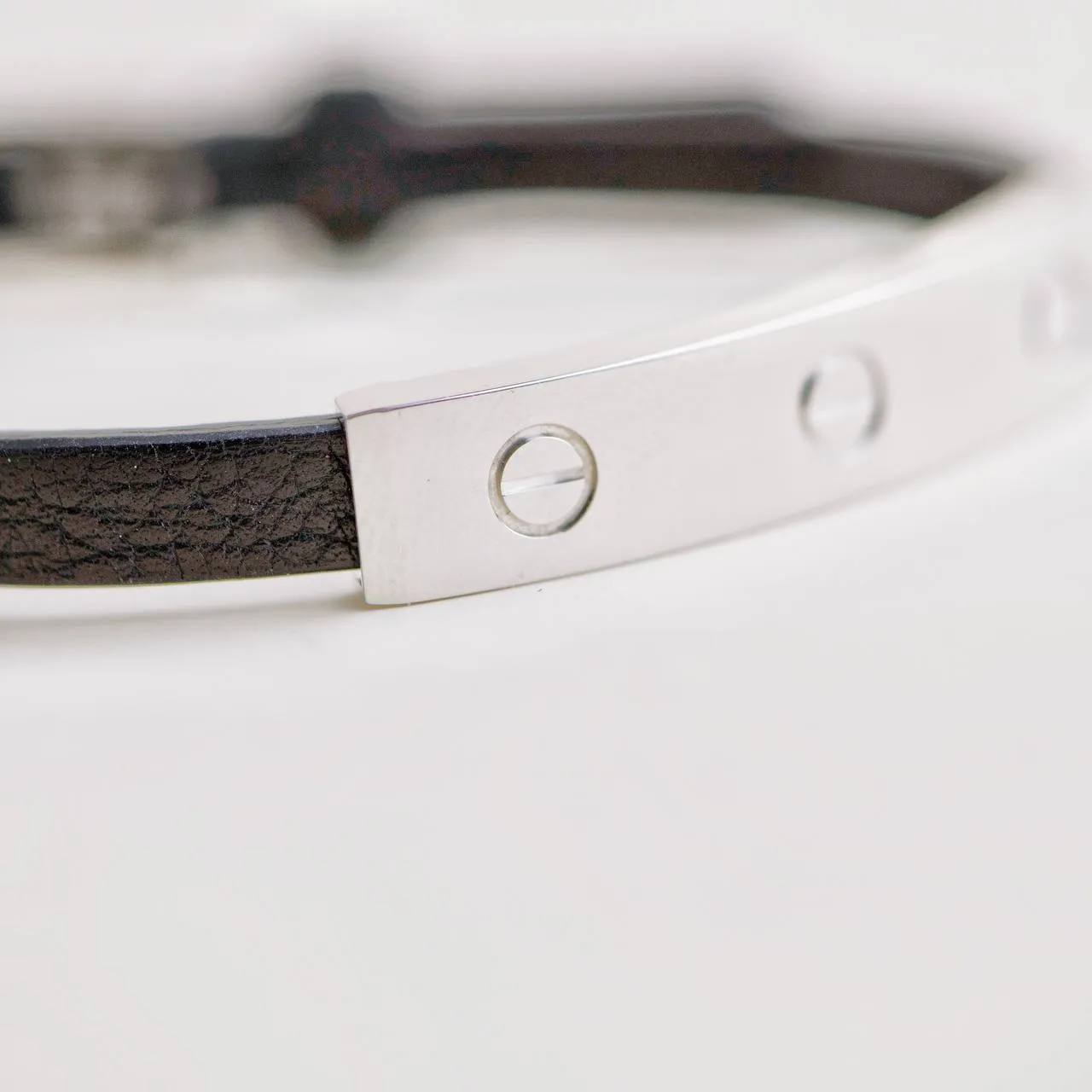 Cartier 18K Love White Gold Black Leather Strap Bracelet