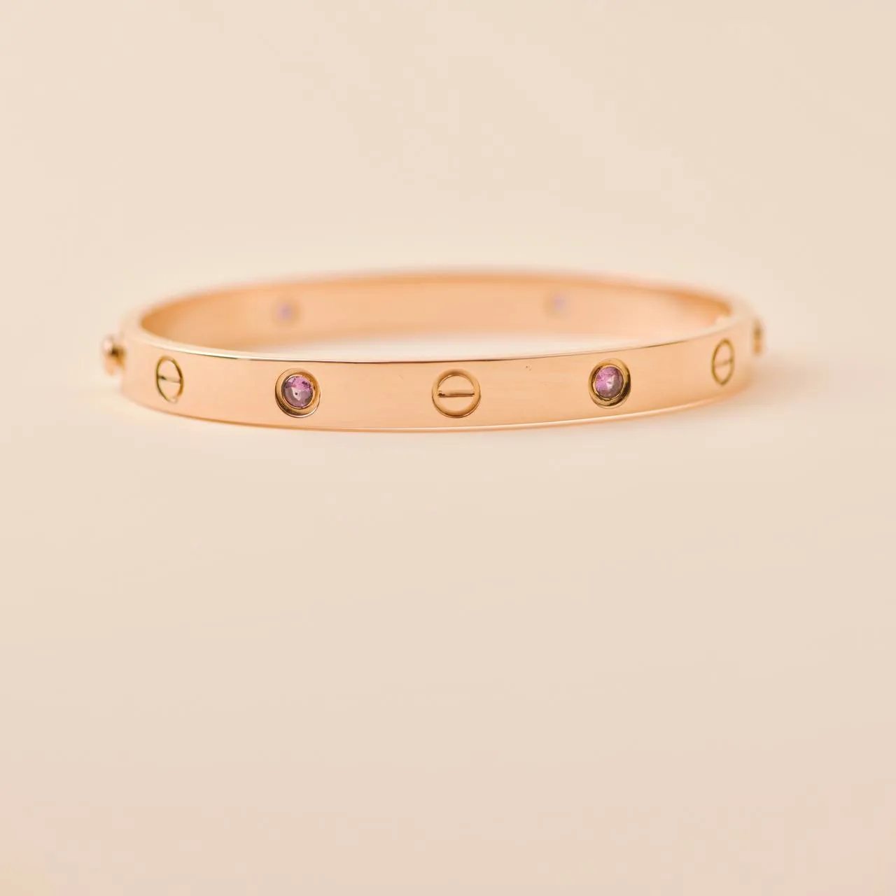 Cartier Love 4 Pink Sapphire 18K Rose Gold Bracelet Size 17