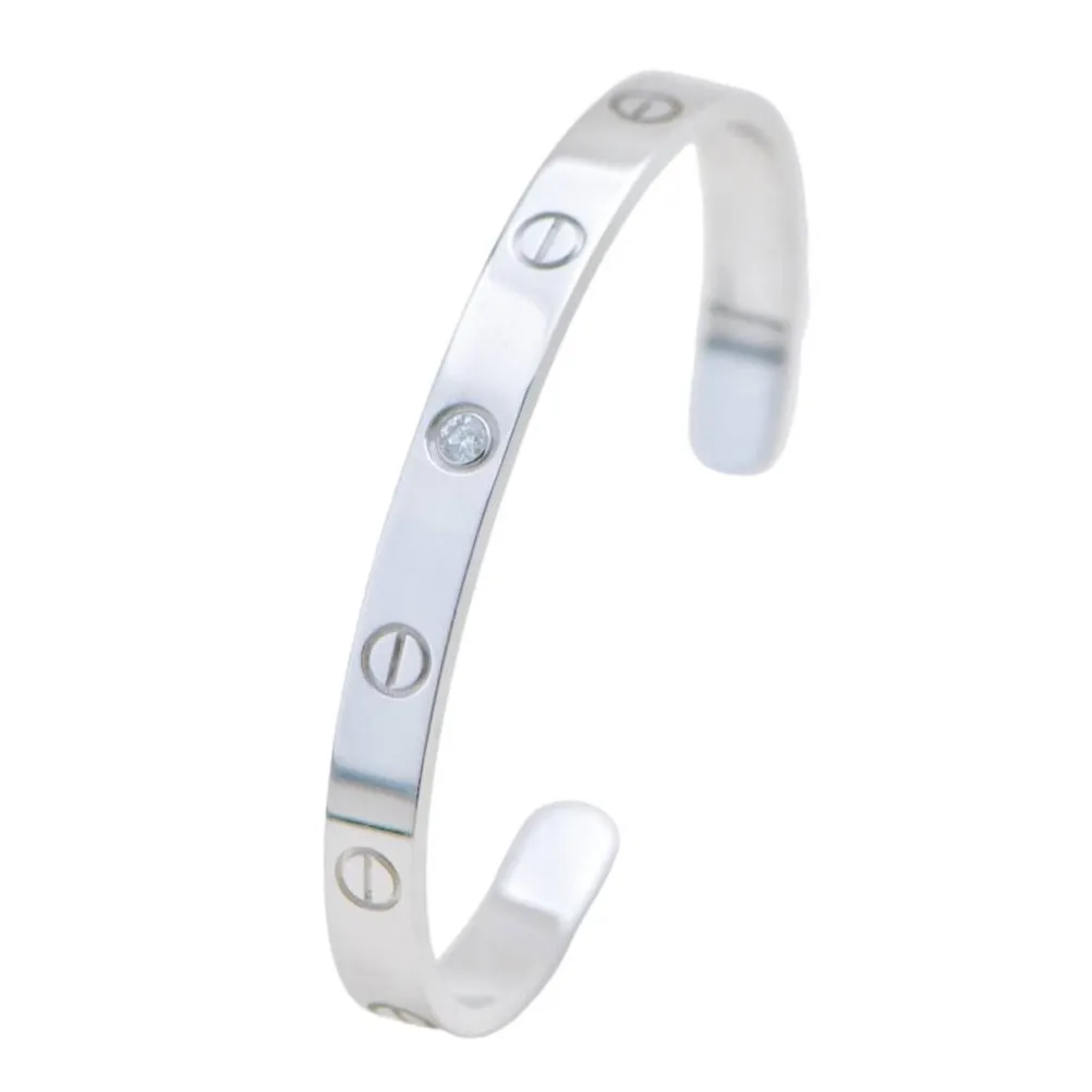 Cartier Love One Diamond 18K White Gold Cuff Bracelet Size 17
