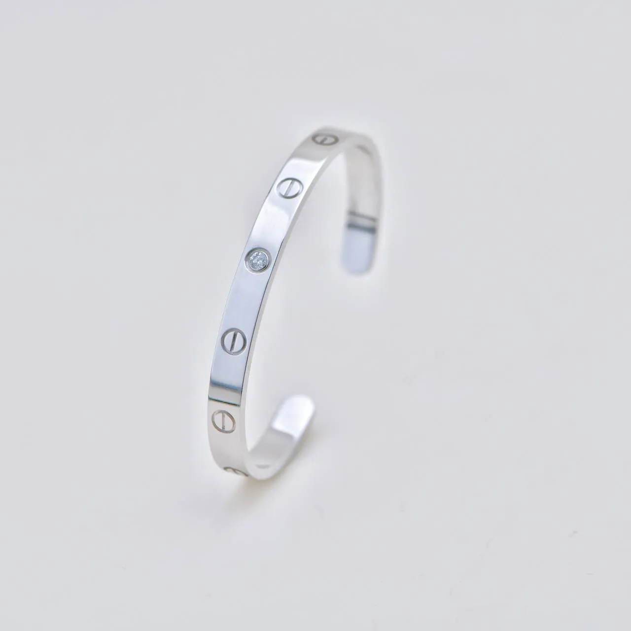 Cartier Love One Diamond 18K White Gold Cuff Bracelet Size 17