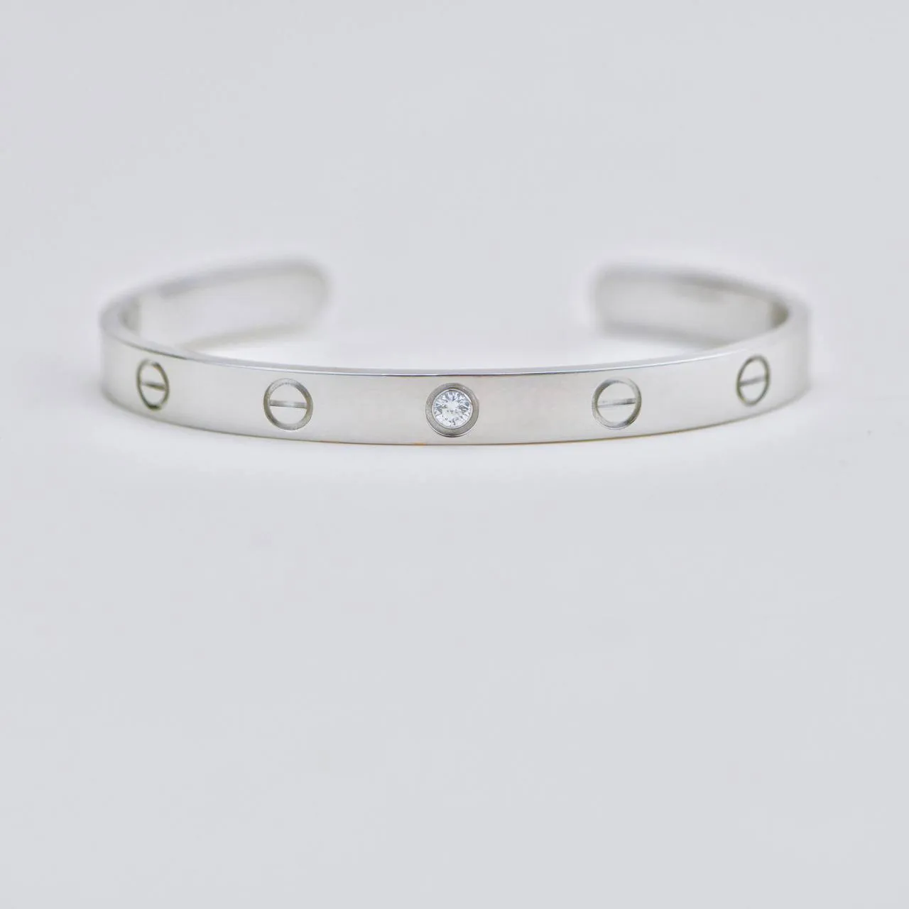 Cartier Love One Diamond 18K White Gold Cuff Bracelet Size 17