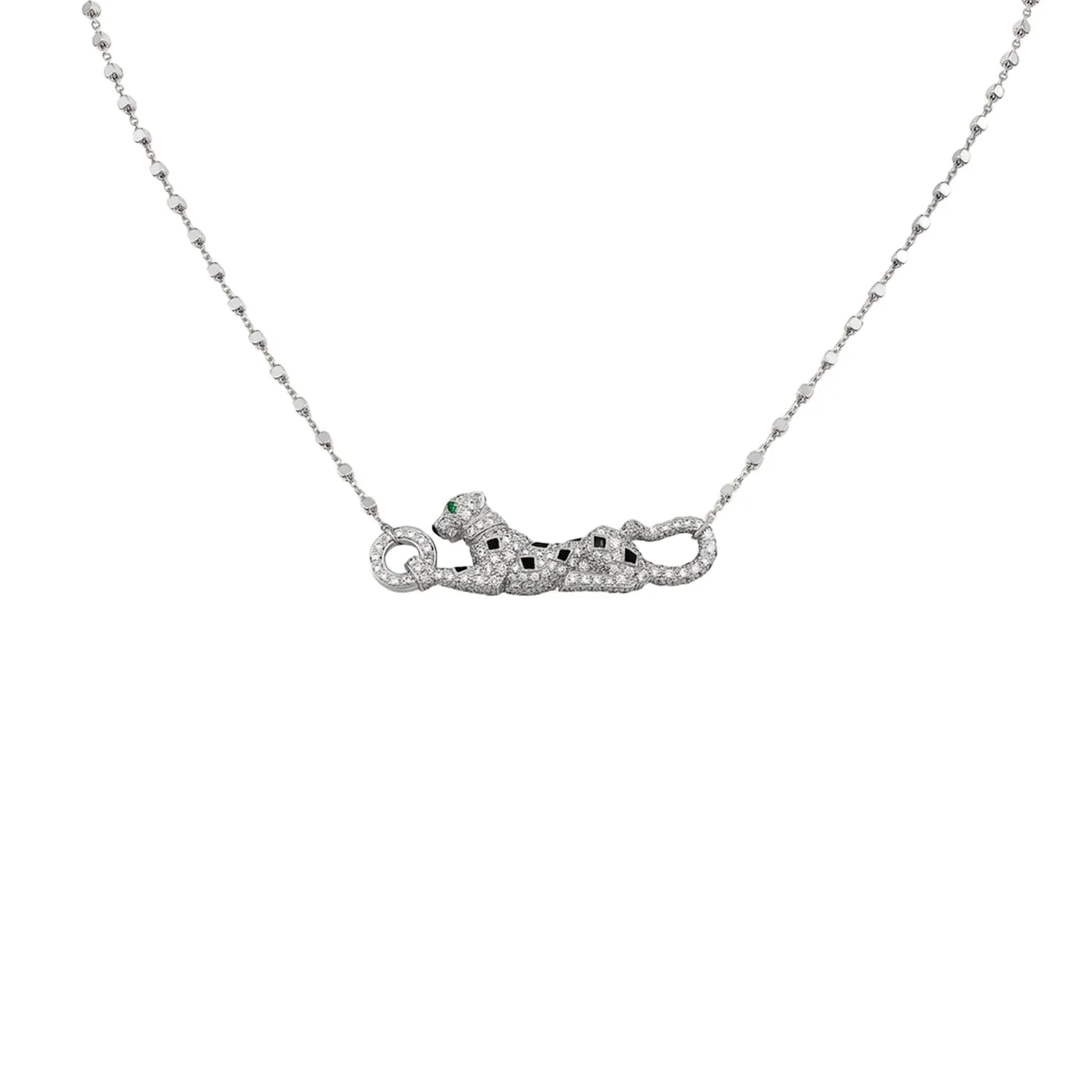 Cartier Panthere De Cartier Emeralds 0.73ct Pave Diamond Necklace 18k White Gold