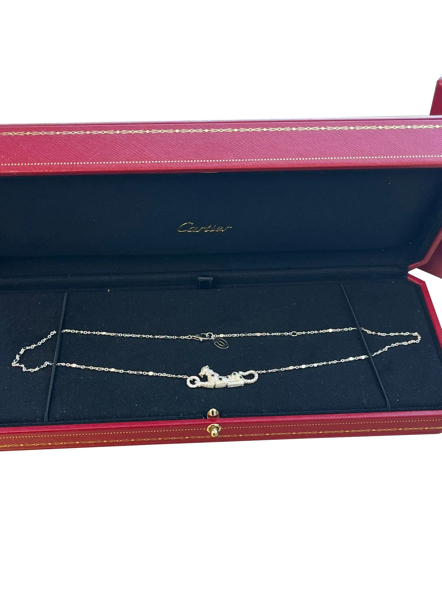 Cartier Panthere De Cartier Emeralds 0.73ct Pave Diamond Necklace 18k White Gold