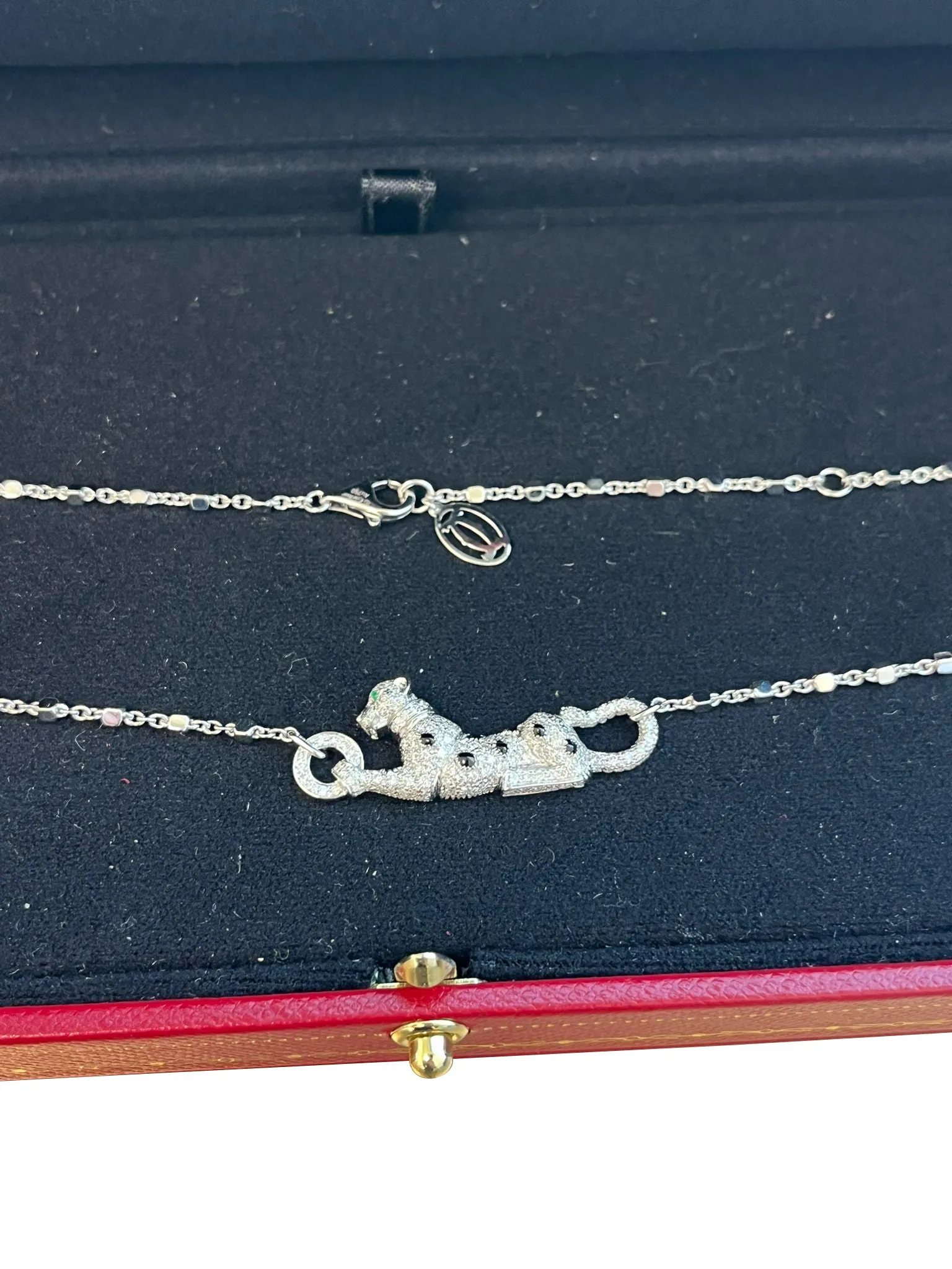 Cartier Panthere De Cartier Emeralds 0.73ct Pave Diamond Necklace 18k White Gold