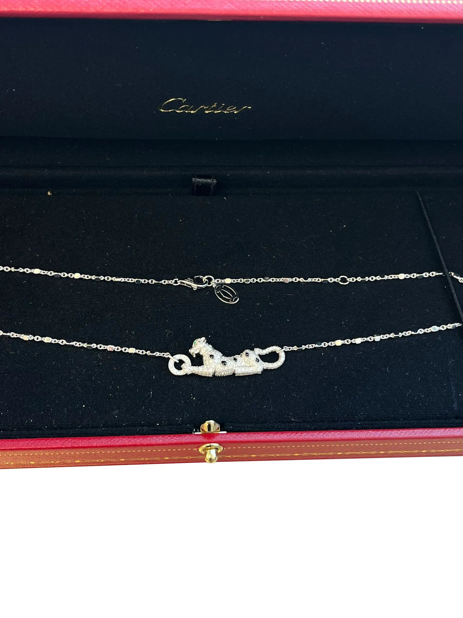 Cartier Panthere De Cartier Emeralds 0.73ct Pave Diamond Necklace 18k White Gold