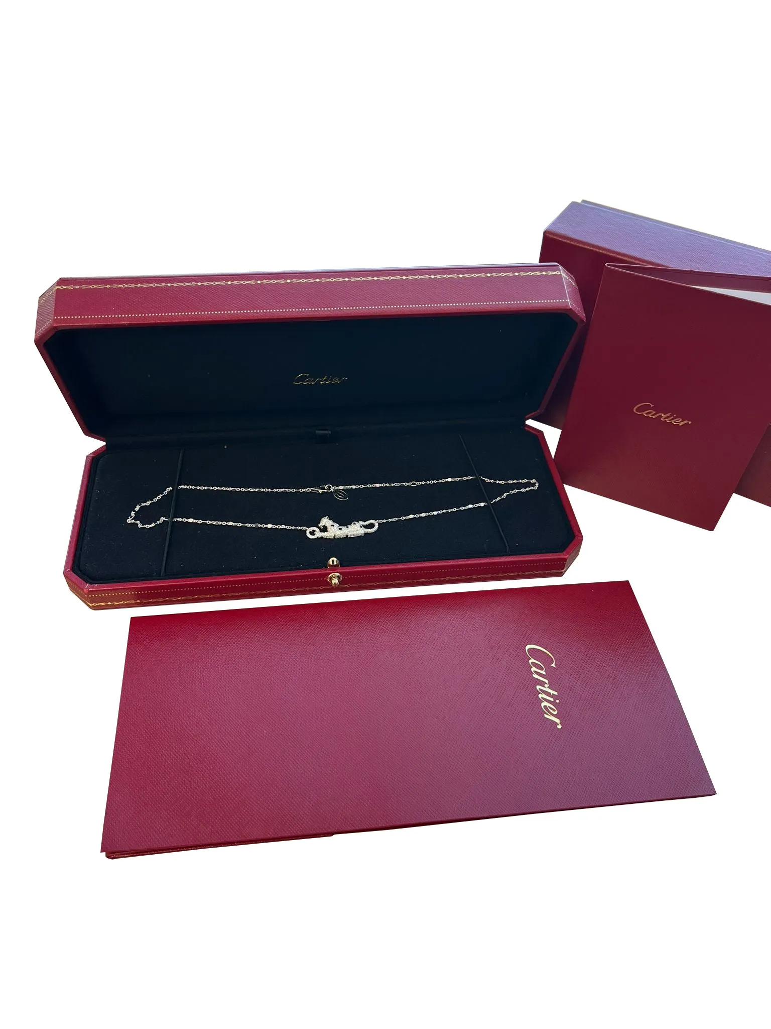 Cartier Panthere De Cartier Emeralds 0.73ct Pave Diamond Necklace 18k White Gold