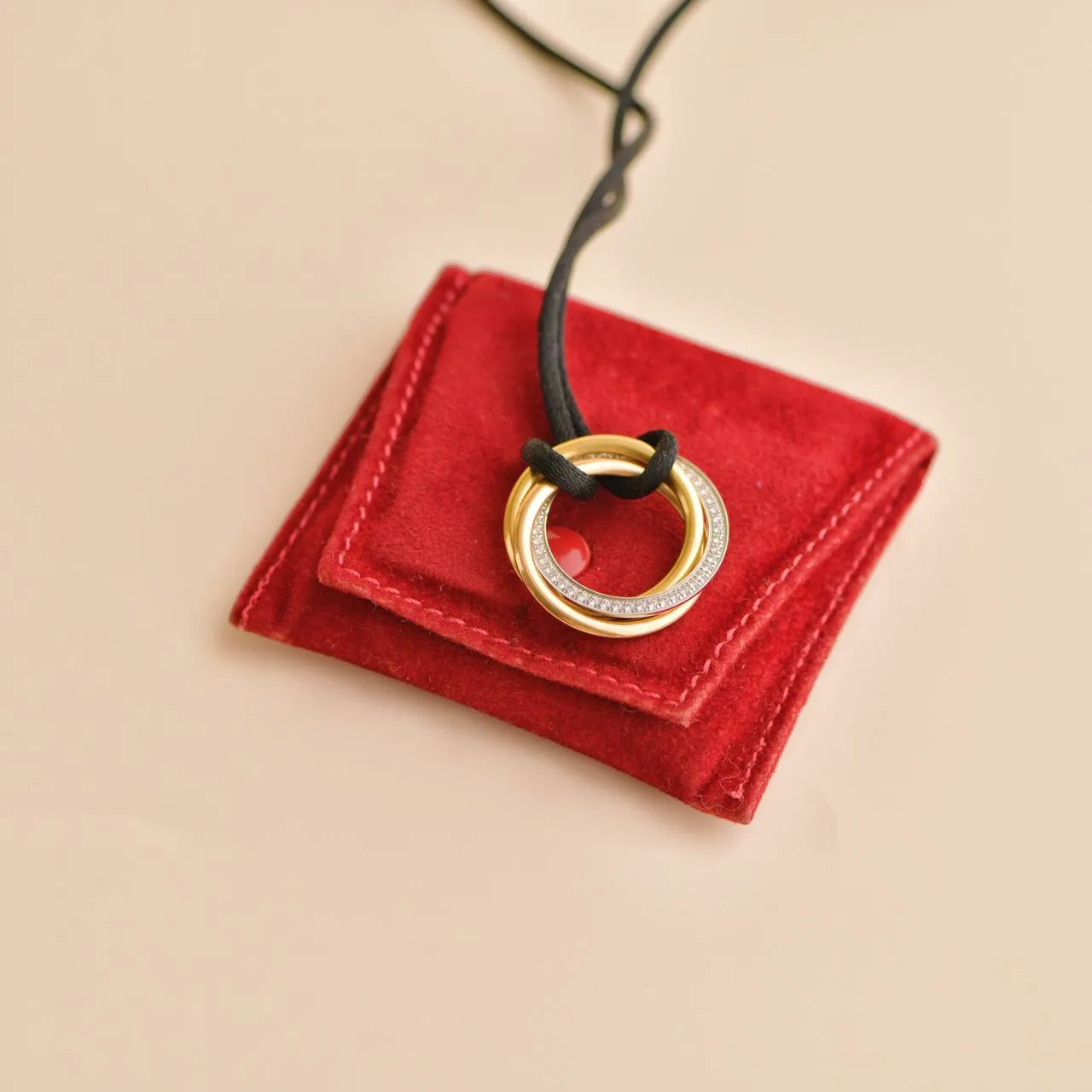 Cartier Trinity Diamond 18K Yellow Rose White Gold Pendant Cord Necklace