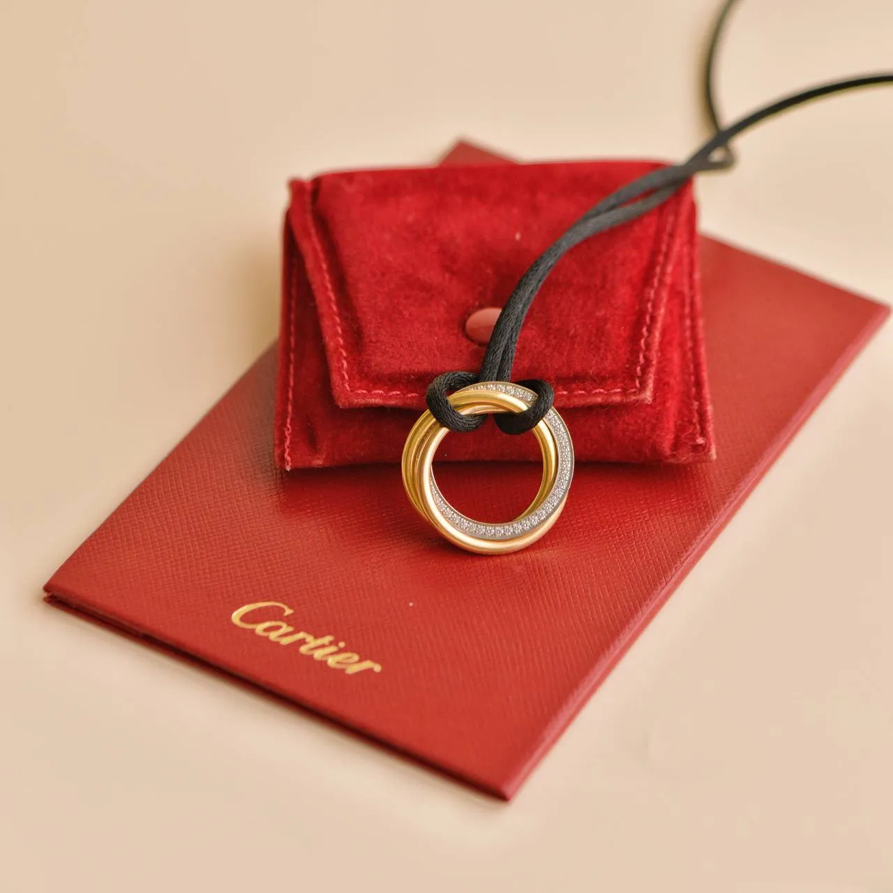 Cartier Trinity Diamond 18K Yellow Rose White Gold Pendant Cord Necklace