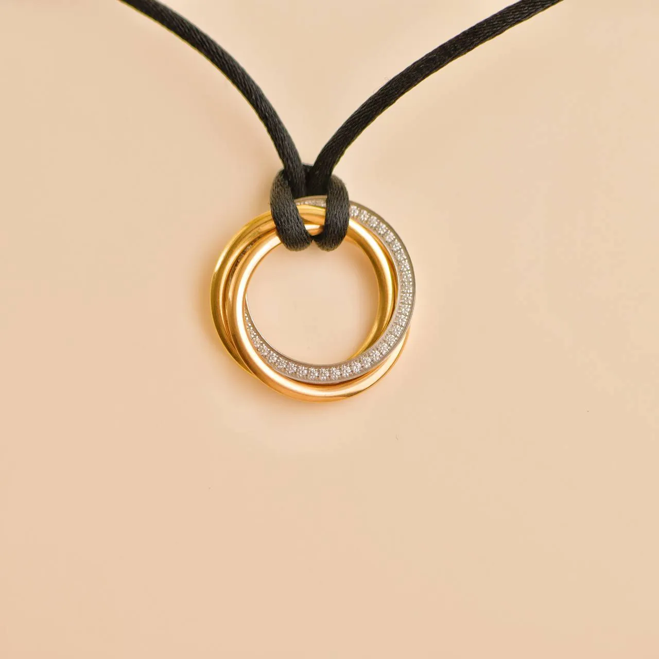 Cartier Trinity Diamond 18K Yellow Rose White Gold Pendant Cord Necklace