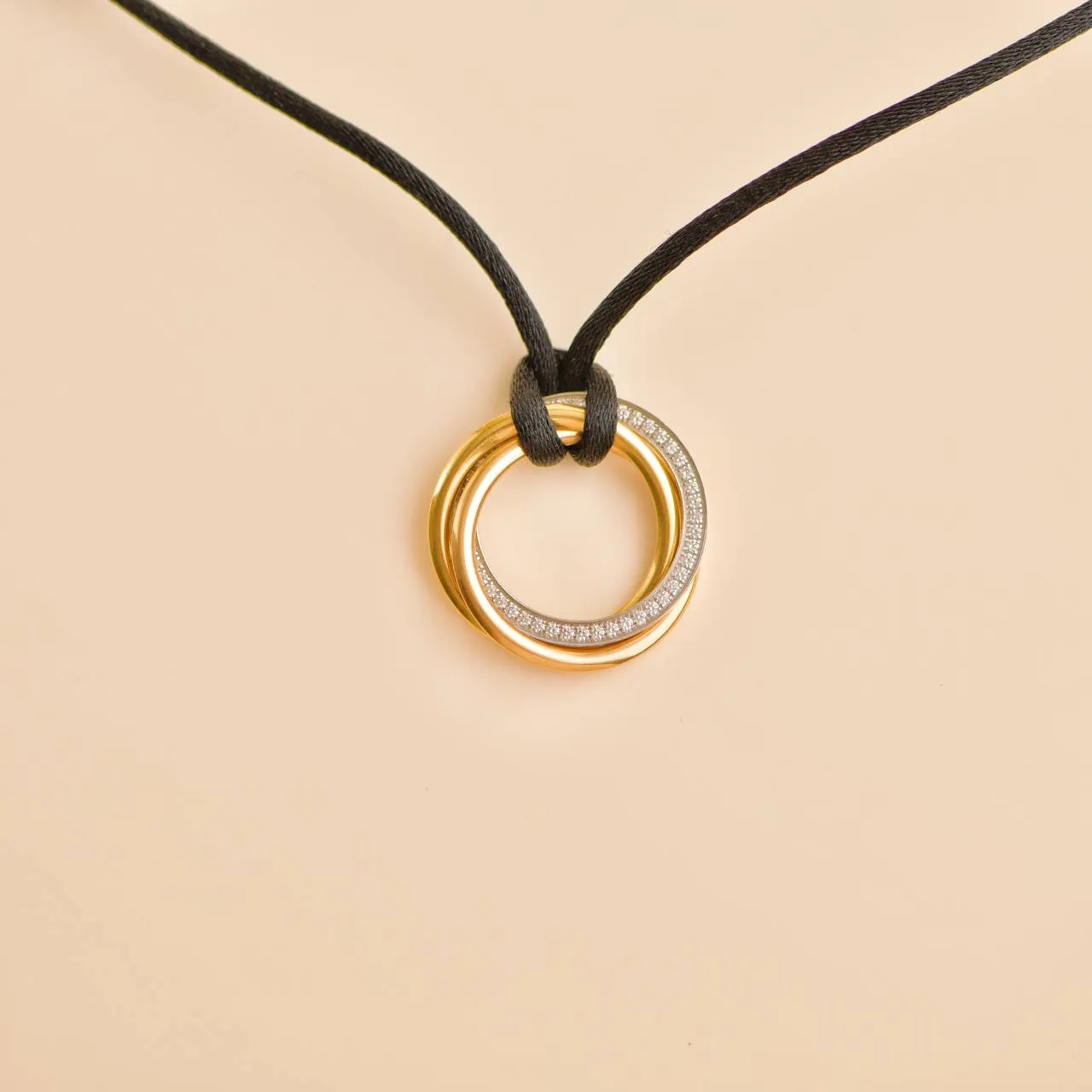 Cartier Trinity Diamond 18K Yellow Rose White Gold Pendant Cord Necklace