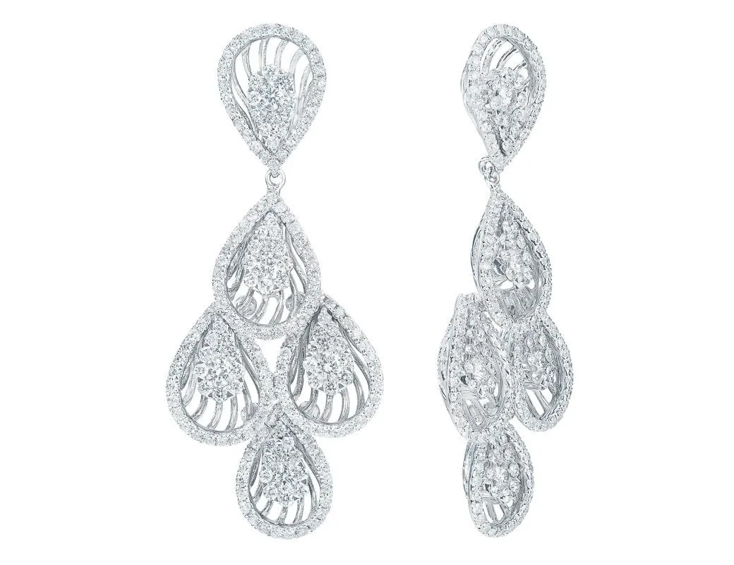 Cascading 18k White Gold Diamond Tear Drop Motif Chandelier Earrings