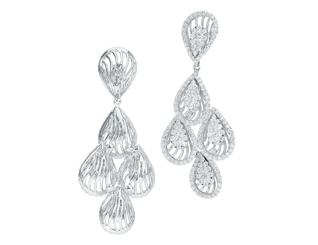 Cascading 18k White Gold Diamond Tear Drop Motif Chandelier Earrings