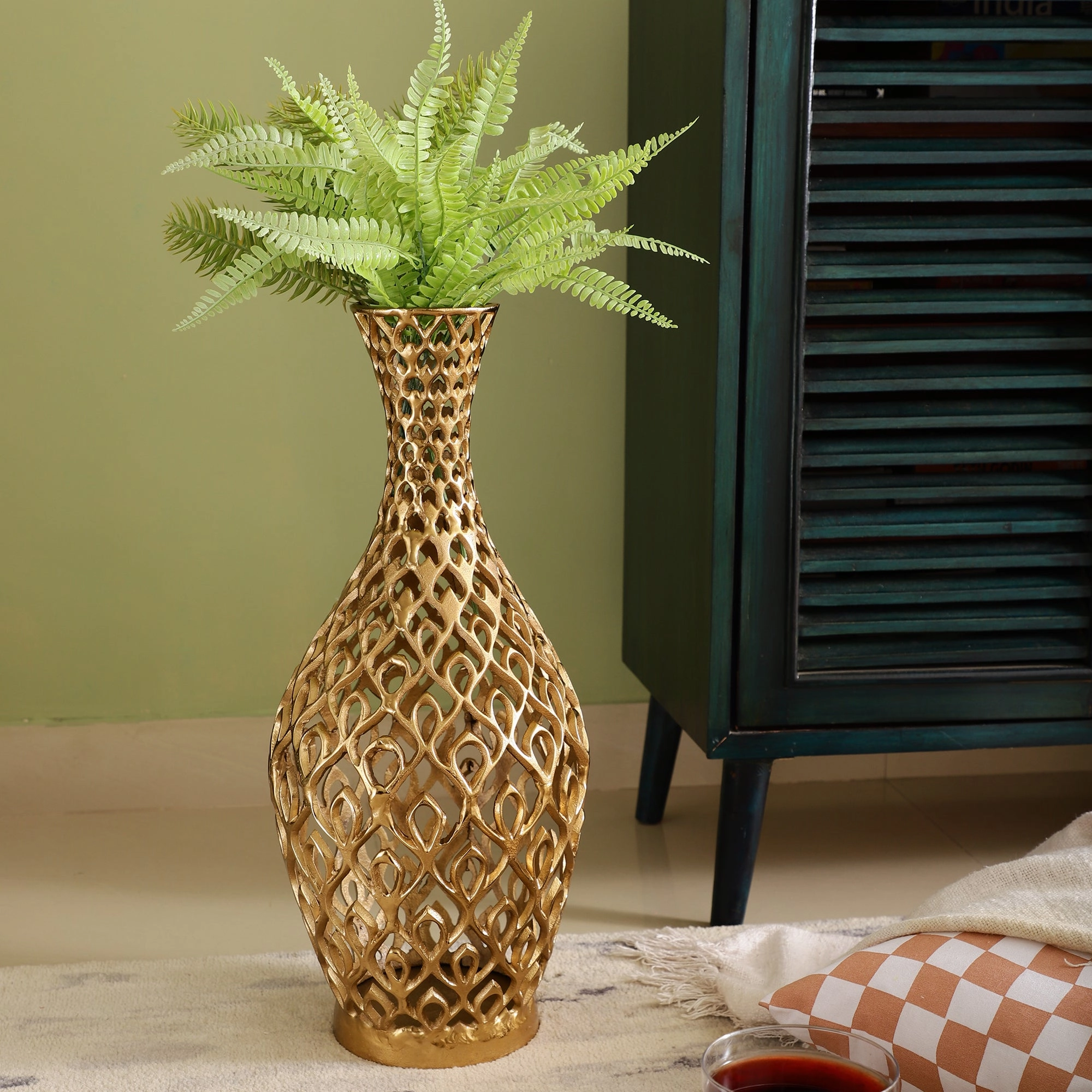 Cavendish Ornate Metal Floor Vase In Gold outdoor greenery  