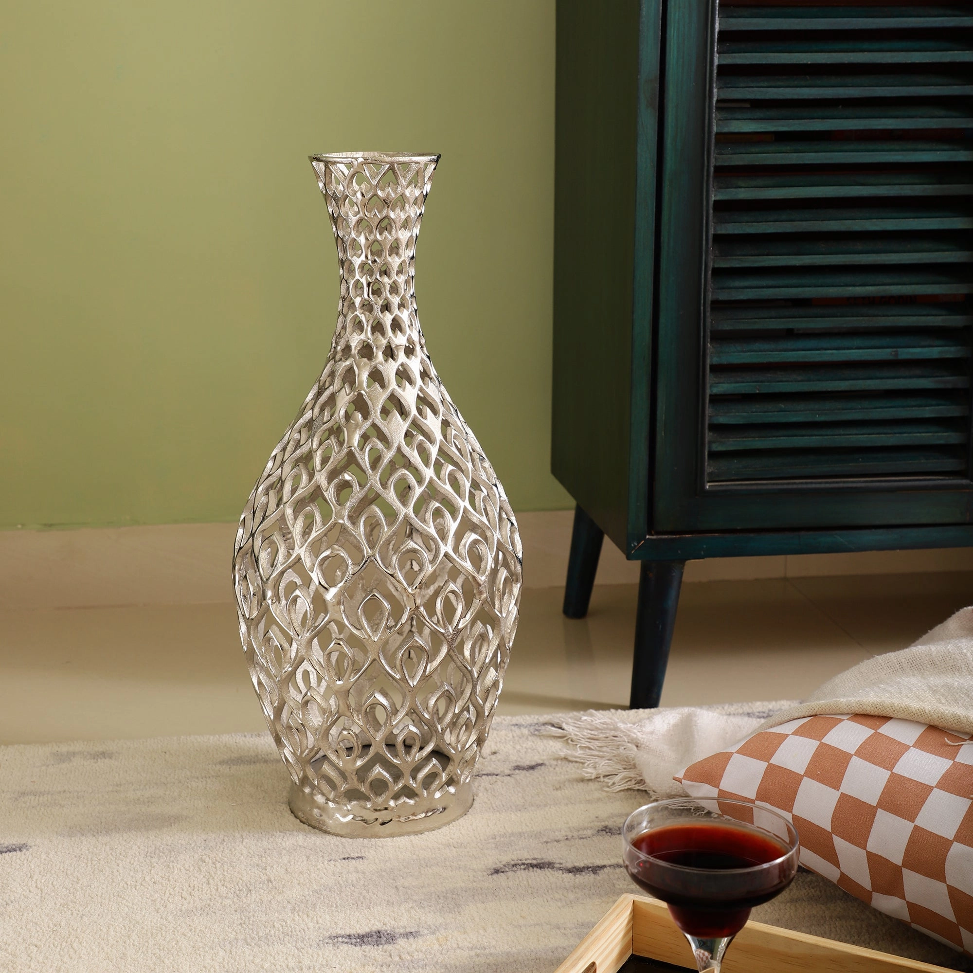 Cavendish Ornate Metal Floor Vase In Silver outdoor greenery  