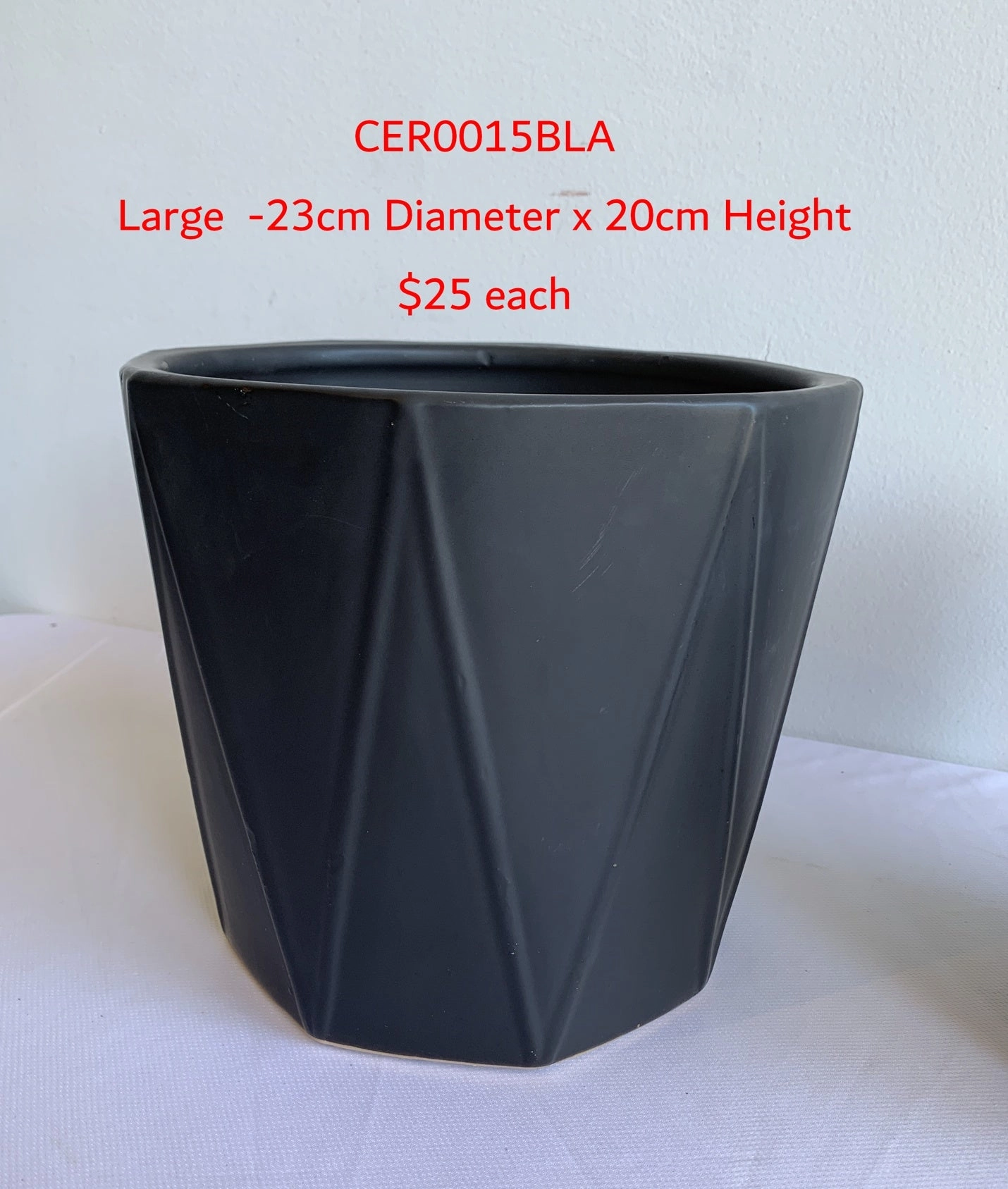 CER0015BLA "V" Pattern Ceramic Pots - Black - 3 Sizes