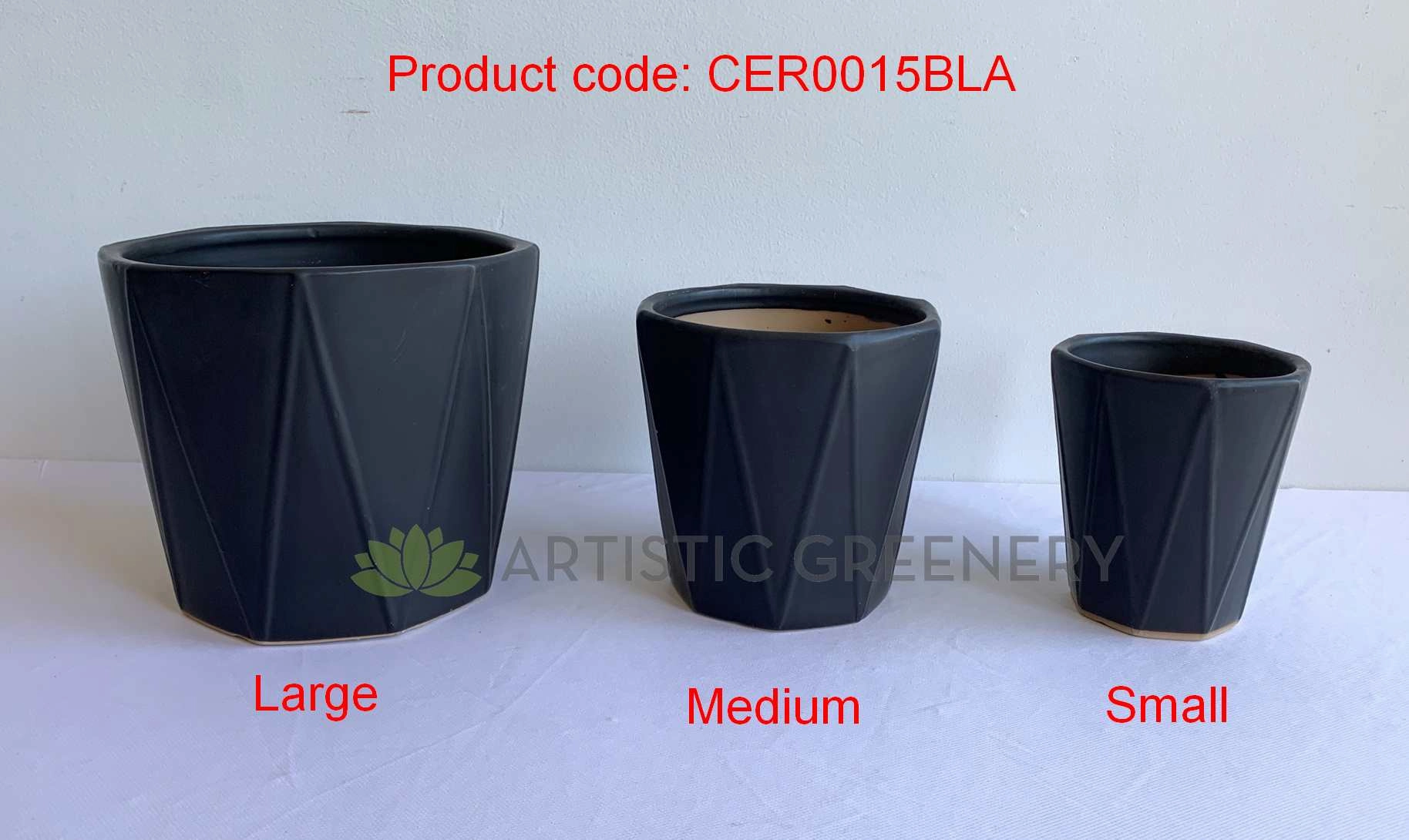 CER0015BLA "V" Pattern Ceramic Pots - Black - 3 Sizes