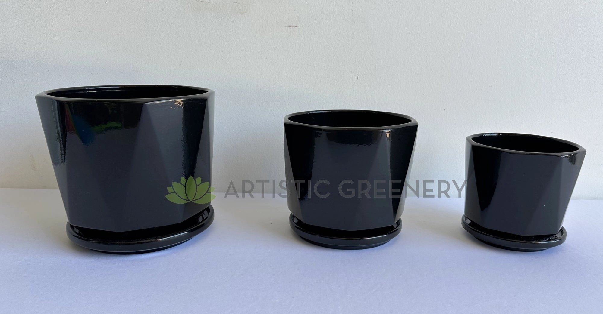 CER0026BLA "V" Pattern Ceramic Pots - Black Gloss - 3 Sizes