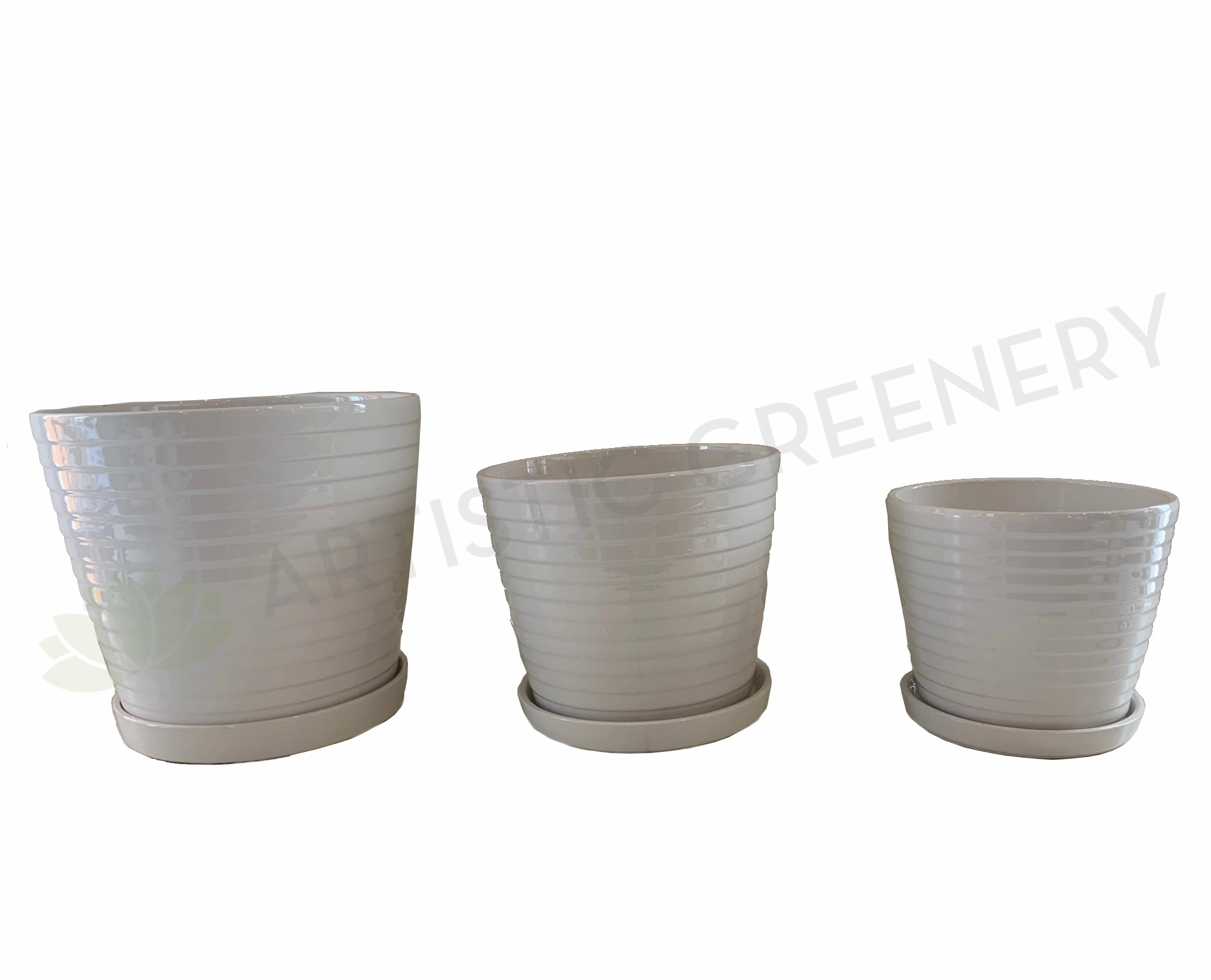 CER127 Glazed Ribbed Ceramic Pot with Saucer - White - 3 Sizes outdoor greenery  