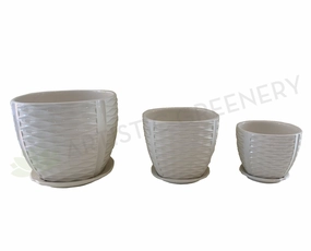 CER1303-4 Glazed Ceramic Pot (Wave Pattern) with Saucer - White - 3 Sizes outdoor greenery  