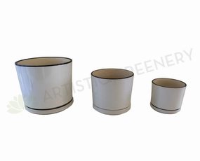 CER-95092-1 White Glazed Ceramic Pot with Black Rim with Saucer - 3 Sizes outdoor greenery  