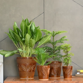 Ceramic Designer Cone Shape Leaf Design Pot, Brown desktop planter  