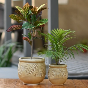 Ceramic Dholak Pot Leaf Pattern (Cream) classic flowerpot  
