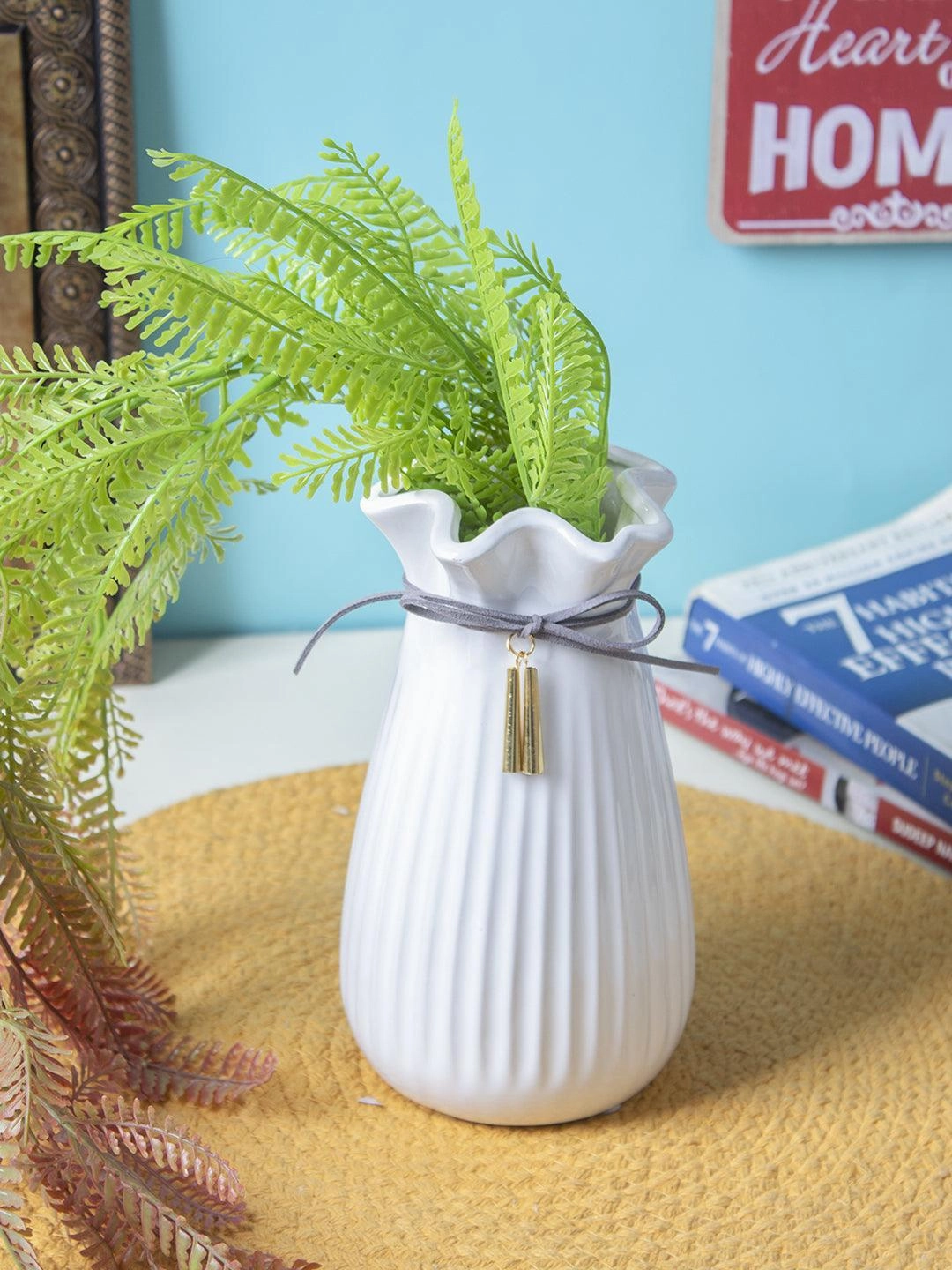 Ceramic Floral Mouth Vase With Tassel dried green plant  