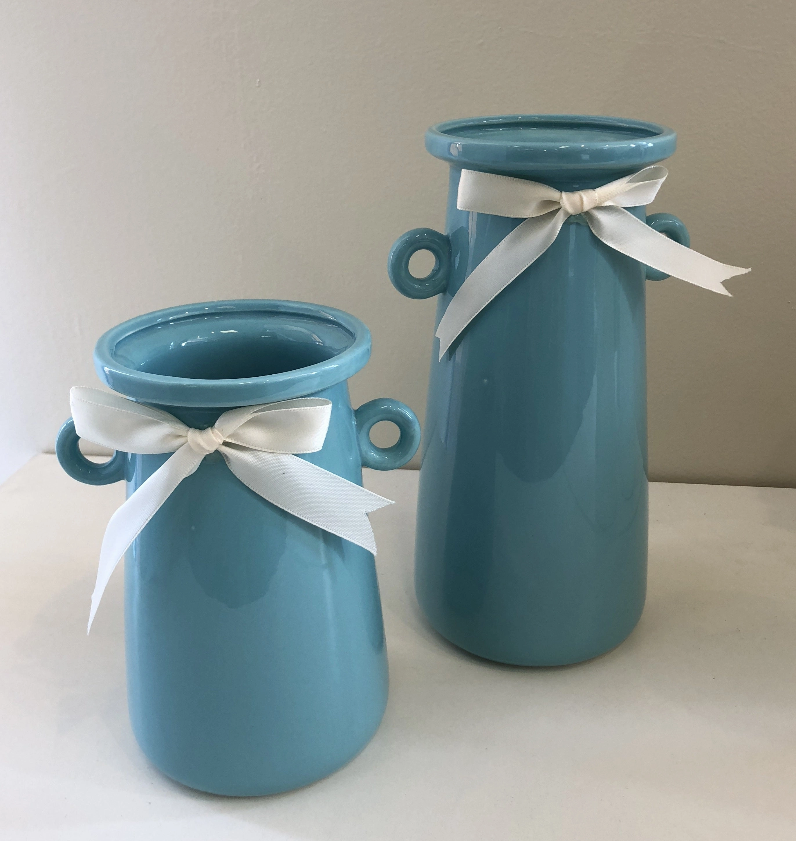 Ceramic Jar with Ribbon Avail in 2 Sizes 3 Colours - (CERJARRIB)